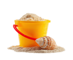 Bright yellow bucket with sand and seashell for summer fun png