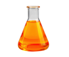 Bright orange liquid in a laboratory flask on a clean surface png