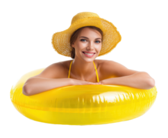 Cheerful woman enjoying summer in a yellow inflatable ring png