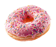 Delicious pink frosted donut with colorful sprinkles for dessert png