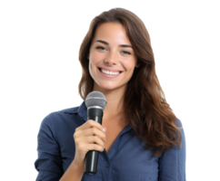 Engaging speaker with microphone showing confidence and enthusiasm png