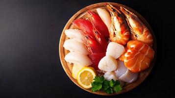 Assorted fresh seafood platter with shrimp scallops sashimi lemon garnish and herbs served in a round wooden bowl on dark background photo
