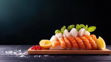 Freshly sliced assorted sushi sashimi platter with salmon tuna and shrimp garnished with lemon slices and greens on dark background photo