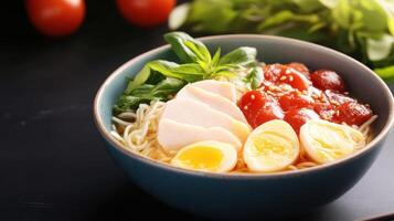 Delicious Asian ramen noodle soup bowl with boiled eggs, chicken slices, fresh herbs, vegetables, and flavorful broth served in a blue ceramic dish photo