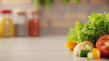 Fresh nutritious vegetable salad with lettuce tomato cucumber and corn served on a wooden surface with spices and herbs in the background photo
