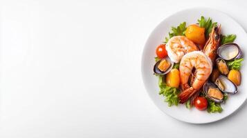 Fresh Seafood Salad plate with prawns mussels cherry tomatoes lettuce and herbs served on white background healthy seafood dish photo