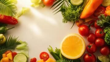 Fresh vibrant colorful vegetables and citrus fruits arranged on a white background showcasing healthy eating, natural produce, and nutritious food ingredients photo