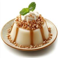 Creamy flavored dessert pudding topped with whipped cream and crunchy crumble garnished with fresh mint leaves served on a rustic plate photo