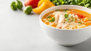 Delicious hot Asian chicken noodle soup with fresh vegetables, herbs, and savory broth in a white bowl on a light background with colorful vegetables around photo