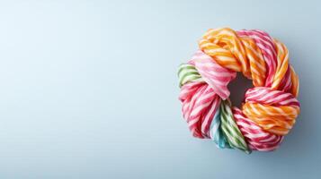 Colorful twisted fabric scrunchie with striped pattern in vibrant shades of pink orange green and blue on a light background for hair accessory styling photo