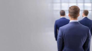 Group of Business Professionals in Formal Attire Standing in Line or Queue in Corporate Office or Conference Setting Du a Business Event or Meeting photo