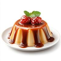 Creamy caramel flan dessert topped with fresh strawberries and mint leaves served on a white plate, delicious sweet treat with smooth texture and rich flavor photo