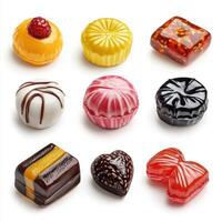 Assorted colorful Beian chocolates with various shapes and glossy finishes including fruity, caramel, and biscuit flavors on a white background photo