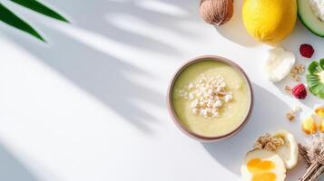 Fresh Ingredients and Smoothie Bowls for Healthy Eating with Fruits Nuts and Yogurt on Bright White Background photo