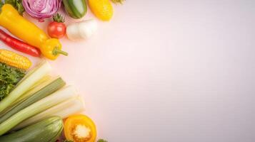 Fresh colorful vegetables including peppers, onions, leeks, lettuce, and corn arranged on a white background for healthy food or cooking concept photo