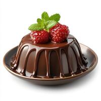 Delicious chocolate pudding dessert with fresh strawberries and mint leaves on a small plate, appealing sweet treat ideal for snacks or celebrations photo