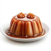 Delicious creamy caramel pudding with glossy caramel sauce topped with caramel dollops served on a white plate for dessert or sweet treat photo