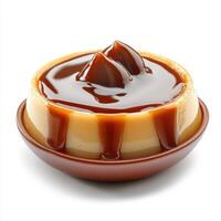 Creamy caramel flan dessert in a small round bowl topped with rich caramel sauce and chocolate pieces, served on a white background for delicious sweet treat photo