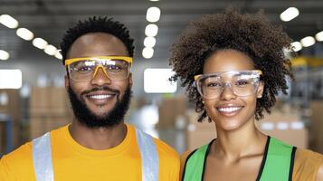 Smiling Black Man and Woman Industrial Workers in Factory photo