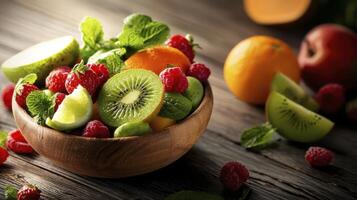 Vibrant Fruit Salad with Kiwi, Raspberries, and Mint in Wooden Bowl photo