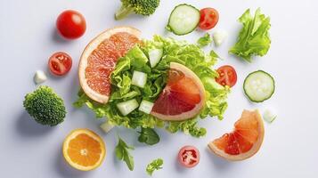 Vibrant Flatlay of Fresh Fruits and Vegetables on White Background photo