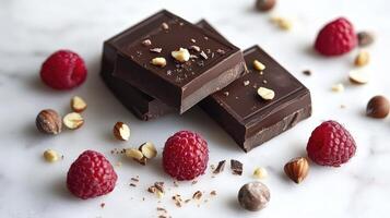Dark Chocolate Squares with Hazelnuts and Raspberries photo