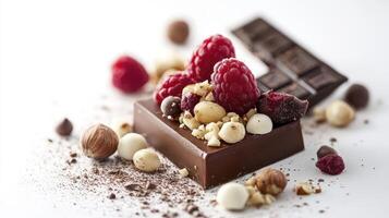 Dark Chocolate Square with Raspberries and Nuts on White Background photo