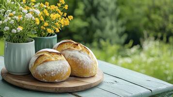 Two Crusty Loaves of Bread with Yellow and White Flowers on Teal Table Outdoors photo