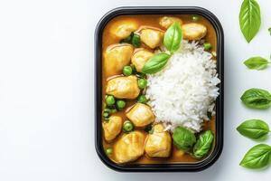 Chicken Curry with Peas and Rice in Black Container photo