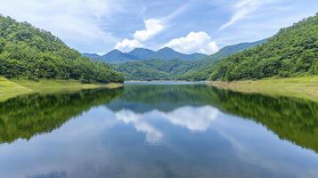 Serene Lake Reflecting Lush Green Mountains Under Partly Cloudy Sky photo