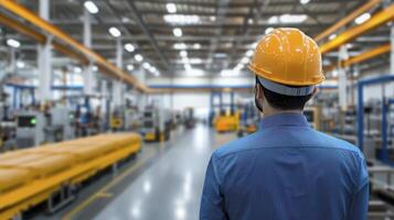 Male Engineer in Yellow Hardhat Surveys a Modern Industrial Factory Floor photo