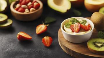 Creamy Dessert with Strawberries and Kiwi on Dark Background photo