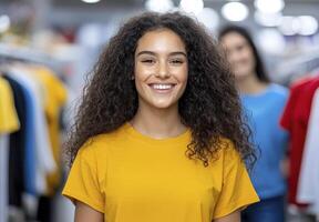 a woman is smiling in a clothing store photo