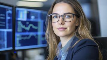 Confident Businesswoman at Computer Monitors Displaying Data Charts photo