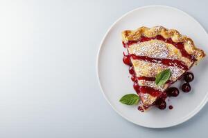 Overhead Shot of a Slice of Cherry Pie on White Plate photo