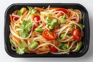Overhead View of a Colorful Rice Noodle Salad with Edamame and Cherry Tomatoes photo