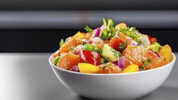 Salmon Salad with Vegetables in White Bowl Vibrant Colors, Close up photo
