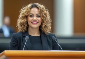 Smiling Woman with Curly Brown Hair Speaks at Podium photo