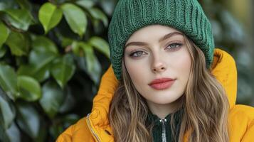 Close Up Portrait Freckled Young Woman Green Beanie Yellow Puffer Jacket Green Foliage Background photo