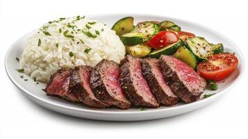 Sliced Beef Steak with Jasmine Rice and Sauteed Mixed Vegetables photo