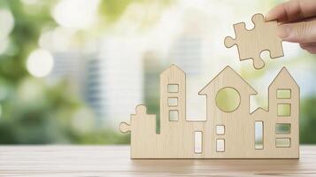 Hand Placing Final Piece of Wooden Town Puzzle on Table photo