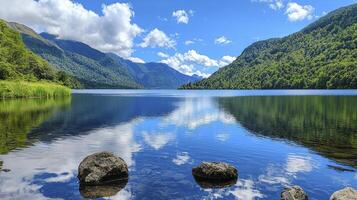 Serene Mountain Lake Reflection Blue Sky, Green Hills, and Three Rocks photo