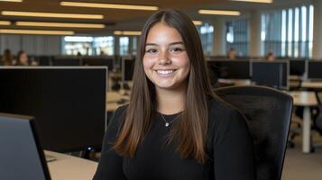 Smiling Young Woman at Modern Office Workstation photo
