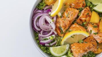 Salmon Salad Bowl with Lemon, Lime, and Red Onion photo