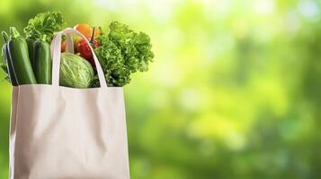 Fresh Vegetables in Reusable Shopping Bag Against Green Background photo