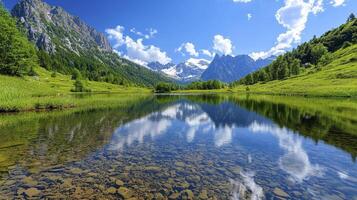 Tranquil Mountain Lake Reflection Under Blue Sky photo