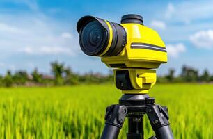 Yellow Surveying Device in Rice Paddy Field photo