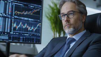 Concentrated Businessman Reviewing Financial Data on Multiple Monitors in Modern Office photo