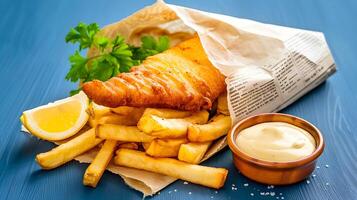 Crispy Fried Fish and Chips with Lemon and Sauce on Blue Background photo
