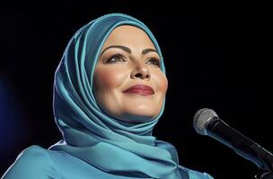 Close Up Portrait Woman Teal Headscarf Speaking Microphone Dark Background photo
